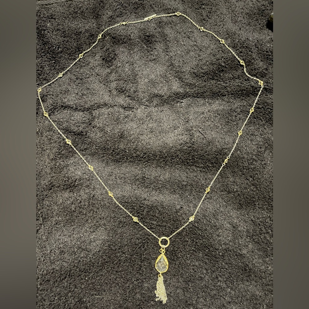 38” Silvertone Necklace with Goldtone Teardrop Tassel Necklace w/Crystals